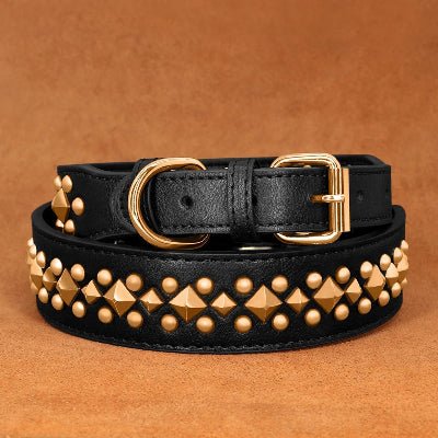 collier chien cuir noir clous carres et ronds dorés, Woof-issime