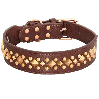 collier chien cuir marron rivets dorés et boucle robuste, Woof-issime