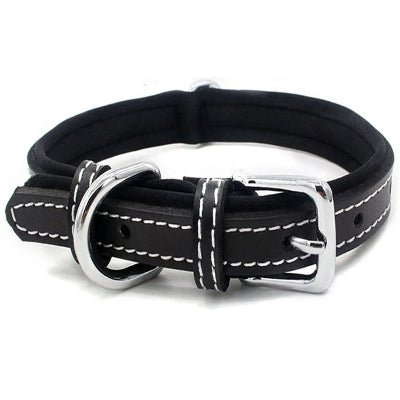 collier chien en cuir noir coutures blanches aspect raffine, WoufConfort.