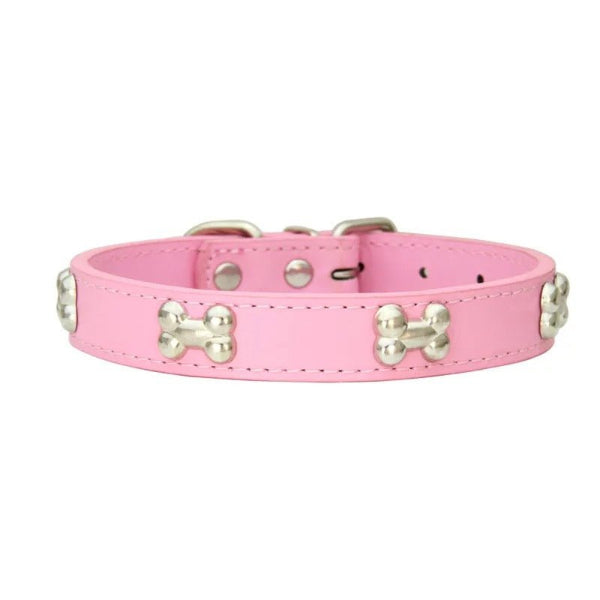 Collier cuir chien rose avec os métal, élégant et solide.