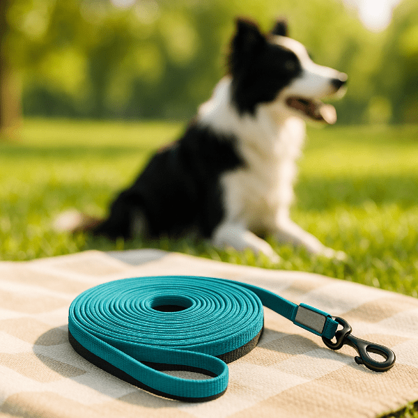 longe chiens verte sur plaid, border collie relaxe gazon. PawFreedom