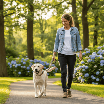 chien laisse balade sereine au parc, détente estivale efficace, Complicité Canine