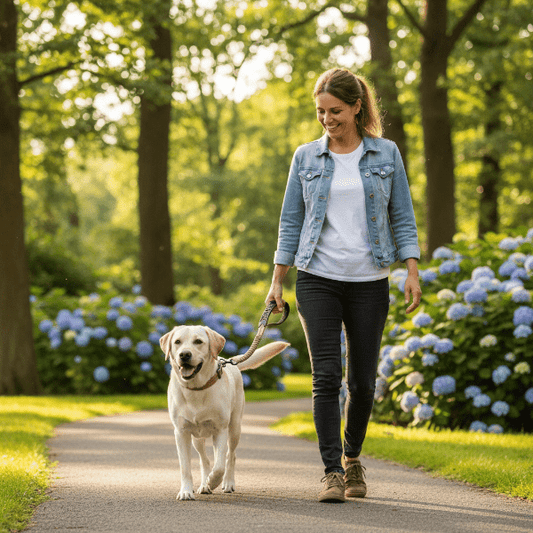 chien laisse balade sereine au parc, détente estivale efficace, Complicité Canine