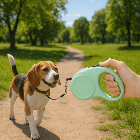 chien longe laisse verte beagle promenade parc sécurité FlexiLiberty