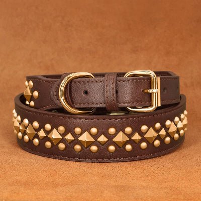 collier chien cuir marron clous ronds et carres dorés, Woof-issime
