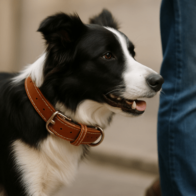 collier chien en cuir sur border collie noir marche dehors, WoufConfort.