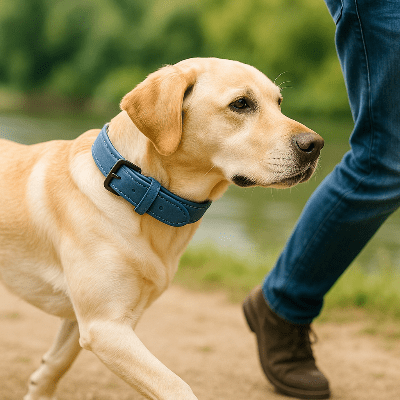 collier pour chien en cuir bleu lors promenade en nature paisible, Dog Chic