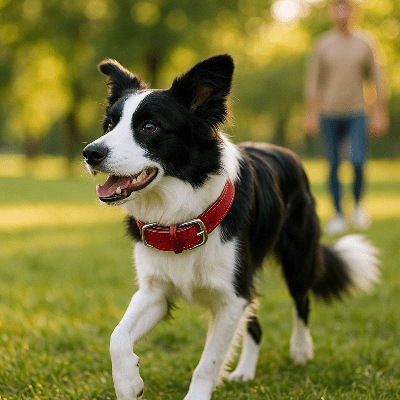 Colliers cuir pour chiens, border collie heureux, rouge, Look Cuir