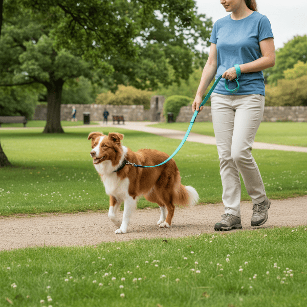 laisse chien couleur cyan, balade matinale, nature vivante, herbe verte, air frais, DuraSafe