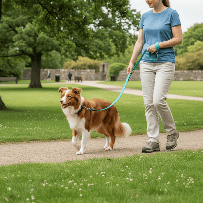 laisse chien couleur cyan, balade matinale, nature vivante, herbe verte, air frais, DuraSafe