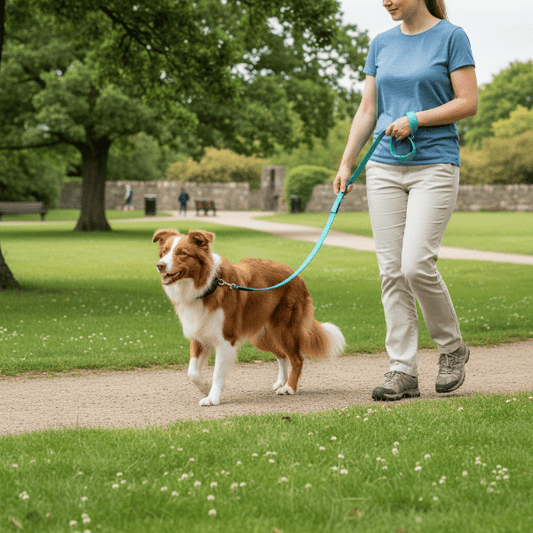 laisse chien couleur cyan, balade matinale, nature vivante, herbe verte, air frais, DuraSafe