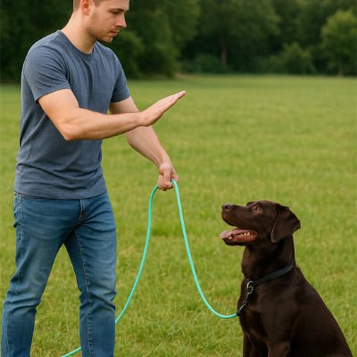 longe pour chien utilisee pour exercice d’obéissance en pleine herbe avec homme et labrador marron assis attentivement
