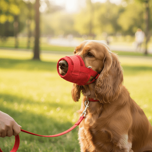 muselière pour chien rouge sur cocker, parc lumineux, accessoire élégant, confort sécurité.